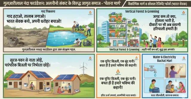 अल नीनो संकट के विरुद्ध जागृत समाज — ‘चेतना मार्ग’: गाद हटाओ-तालाब जगाओ, वर्टिकल फ़ॉरेस्ट, सूरज-पवन से बिजली, एक यूनिट बिजली-एक बूंद पानी की बचत (संकल्प चित्र)